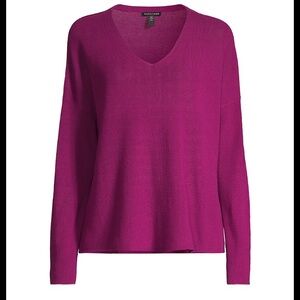 Eileen Fisher V neck Sweater Fuchsia Pink Cotton Silk Blend Size L Flowy Knit